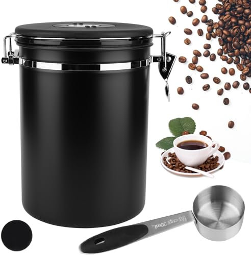 ZONJIE Boîte à café hermétique - 2,8 l - En acier inoxydable - 1 kg - Avec cuillère doseuse, valve CO2 et date - Pour café moulu et grains de café moulu - Noir - 2,8 l