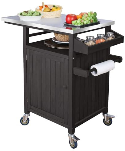INFANZIA Carro de barbacoa al aire libre, mesa auxiliar con ruedas, 3 niveles de madera maciza para pizza, con espacio de almacenamiento para exteriores, jardín, mesa de cocina con encimera de acero