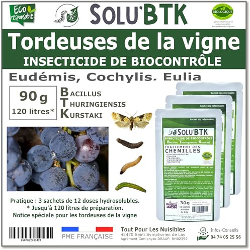 SoluBTK - Tordeuses de la Vigne - 90 g Bacillus thuringiensis BTK - Insecticide Utilisable en Agriculture Biologique - Traitement chenilles