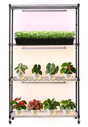 VEVOR Pflanzenregal mit Wachstumslicht 90x35x150 cm, 4-stufiger Pflanzenständer, Pflanzenregal mit Rädern, 90 W 3-farbige Vollspektrum-Lichter, Blumenregal aus Metall für Samenkeimung
