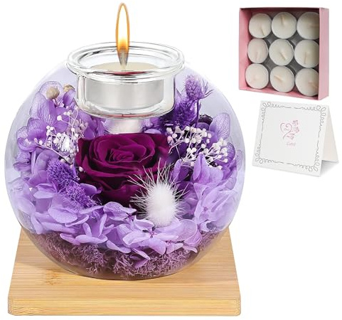 Queltrix Evig ros + 18 naturliga vaxljus, evig blomma | Romantisk födelsedagspresent för kvinnor, mors dag presentförpackning, jul, alla hjärtans dag (lila)
