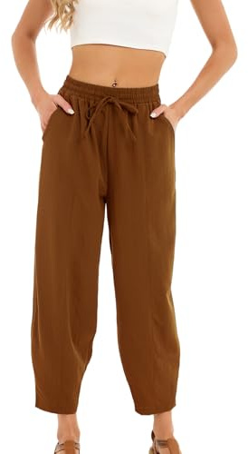 Pantalón Mujer Anchos Elasticos Pantalon Palazzo Mujer Ligero Casual Pantalones Rectos Suelto con Bolsillos Cordón Deportivos para Yoga Jogging Fitness Marrón L