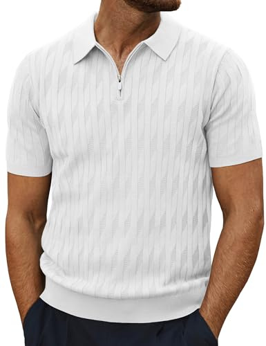 PJ PAUL JONES Mens Polo Shirts Stretch 1/4 Zip Knitted Tshirt Golf Tops | Breathable Knitted Polos for Summer,Retro Ribbed Textured