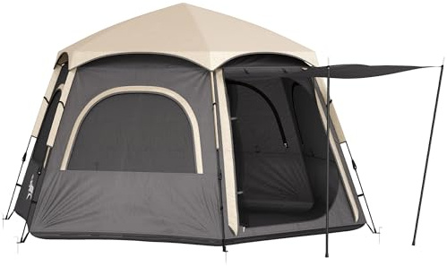 Outsunny Instant Pop Up Camping Tent, 2/3/4 Person Easy Setup Dome Family Tent with Vestibule, Rainfly, 4 Mesh Windows & 2 Doors, Hexagonal Design, Waterproof & UV Protected