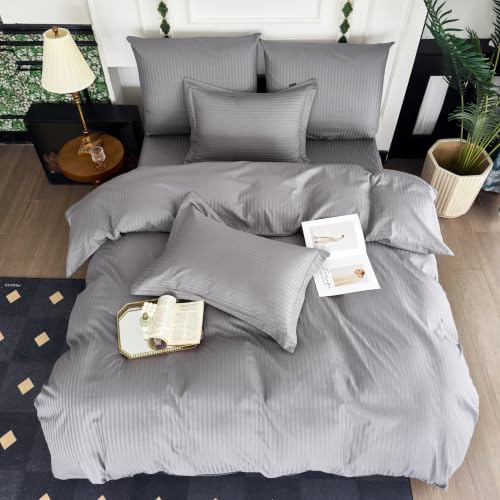 Amolavet Juego de ropa de cama de hotel 135 x 200 cm, 4 piezas, 100% algodón, satén Mako, con rayas de damasco y cremallera, ropa de cama para personas alérgicas, todo el año