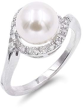 Lavencious 8 mm Pearl Ring Ivory AAA CZ Micro Pave Size 5-10 Wedding Jewelry (Silver, 7)