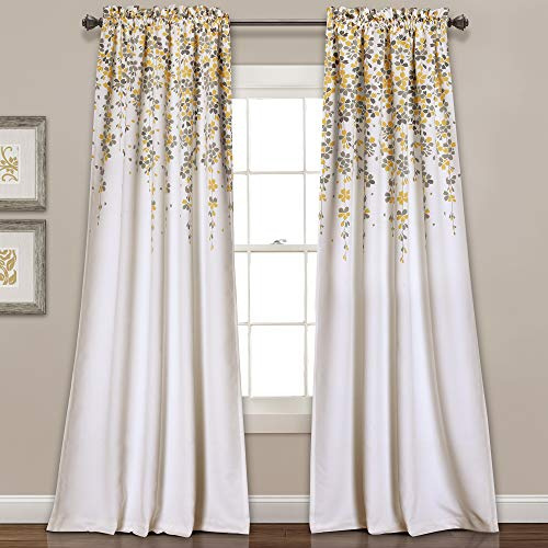 Lush Decor Weeping Flower Light Filtering Window Curtain Panels, Pair, 52 W x 95 L + 2 Header, Yellow & Gray - Charming Modern Floral Curtains for Living Room, Dining Room, & Bedroom
