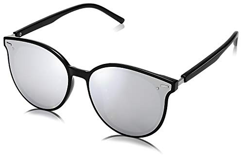 SOJOS Classic Round Sunglasses for Women Men Retro Vintage Shades Large Plastic Frame Sunnies SJ2067 with Black Frame/Silver Mirrored Lens