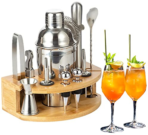 FUYTERY 12 Pezzi Bar Bartender Kit Cocktail Shaker Set in acciaio inossidabile con elegante vassoio di bambù (550ML)