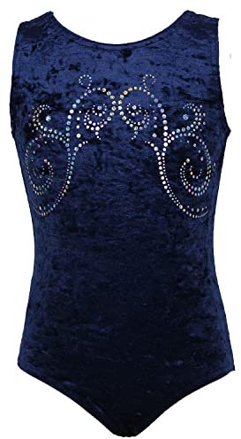 Mädchen KURZARM Gymnastikanzug aus Stretch Velvet blickdichter Kinder Turnanzug mit Rundhals Samt & Hexagon-Pailletten Turnbody Gymnastiktrikot Turntrikot, Größe:122-128, Farbe: DUNKELBLAU CRASH KOREA