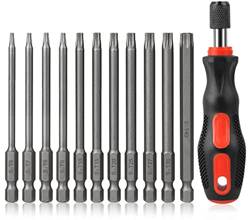 Torx Bit Set Hakkin 100mm Tamper Proof Security Torx Bits with Magnetic Screwdriver Handle Premium S2 Steel Long Torx Screwdriver Set T6-T40