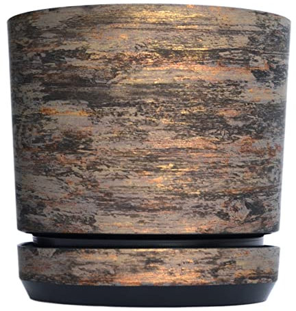 KORAD Vaso da fiori con sottobicchiere integrato - Decoro 032 - corteccia ruggine, diametro 12 cm - Vaso per piante in plastica di alta qualità - Pentola di piante decorativo con fori di drenaggio