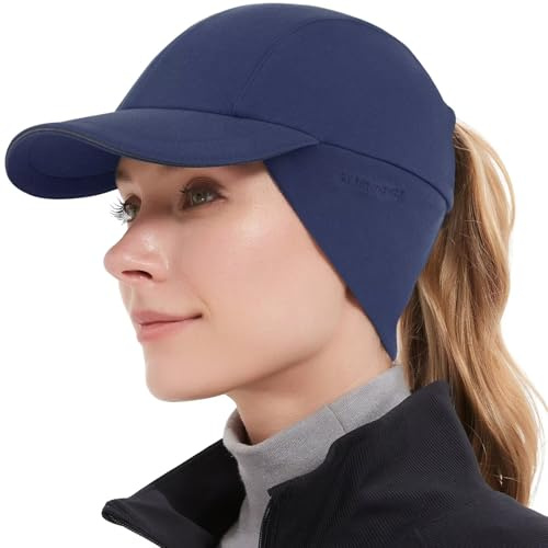 GADIEMKENSD Winter Fleece Hats Reflective Ponytail Hat for Women Ball Caps with Earflap Drop Down Ear Warmer Mens Skull Cap Beanie with Visor Cold Hat for Outdoor Hiking Running Snow Ski Navy