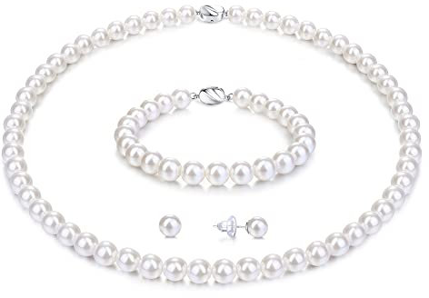 Morfetto Perlenkette Set für Frauen Männer Weiße Runde Simulierte Muschel Sterling Silber Perlenkette Armband Ohrringe 6MM Choker Perlenkette Set für Frauen Mädchen Mit Geschenkbox 16Inch
