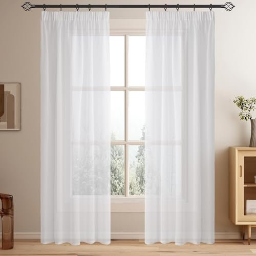 Softalker Stores Gardinen Kräuselband 2er Set Sheer Curtains Vorhänge mit Ösen Transparente Gardienen Schal Weiße Vorhang Wohnzimmer 260 cm Lang Dekoschal für Schienensystem