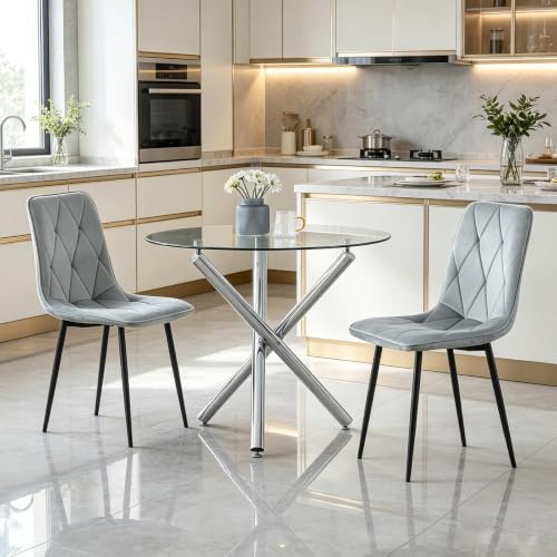 Homullel Round Dining Table and Chairs Set 2 Seater Kitchen Dining Set, 3 Pieces Table & Chairs Dinner Table Set for 2 (90cm Glass Table, 2 Seats, Grey Velvet Diamond)