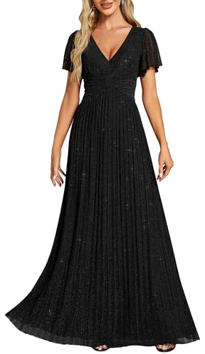 Ever-Pretty Vestito Donna Elegante Cerimonia Lungo Brillante Pieghe Maniche a Volant Stile Impero Abito da Sera Donna Nero 36
