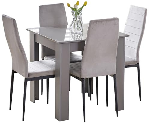 Rainbow Tree Modern 5 Piece Dining Room Table and Chairs Set, Wooden Square Table with 4 Chairs for Small Space Apartment Space Saving (Grey Table+4 Grey Velvet Chair)