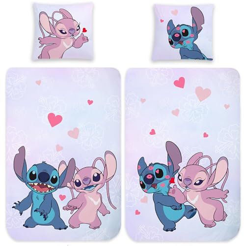 Lilo und Stitch Disney Kinder-Bettwäsche Set Angel Hearts - 135 x 200 cm + 80 x 80 cm - 100% Baumwolle Renforcé Linon-Qualität Wendebettwäsche Bettzeug Bettbezug mit YKK Reißverschluss Deutsche Größe