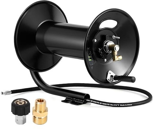 M MINGLE Pressure Washer Hose Reel 300ft, Heavy Duty Steel Hose Reel, Manual Crank Power Washer Hose Reel with Swivel Arm, 3/8 NPT Outlet Pipe, 4000 PSI
