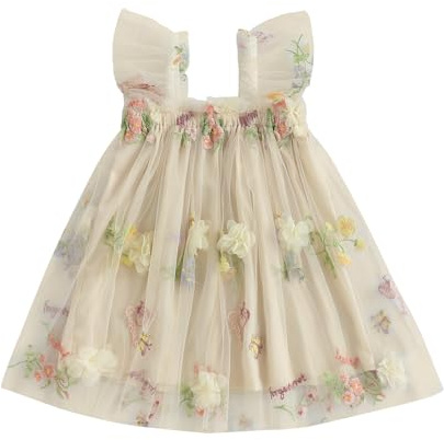 RUIWANBBY Toddler Baby Girl Tutu Dress Summer Tulle Sleeveless Floral Print Birthday Party Princess Dresses Butterfly Wing Skirt (B-Gold, 18-24 Months)