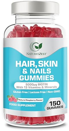 Hair Skin & Nails Gummies 5000μg Biotin - 150 Gummies + 13 Vitamins & Minerals | Hair Growth Vitamins for Women & Men | Support Stronger Hair, Radiant Skin & Healthy Nails | Vegan Raspberry Flavour