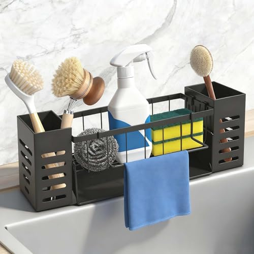SENLINLIN Spülbecken Organizer Schwarz, Küchen Organizer mit Spültuchhalter, Schwammhalter & Aufbewahrungsbox, Großes Sink Organizer mit Automatisch Abflusspfanne, Rostfrei & Platzsparend Ohne Bohren