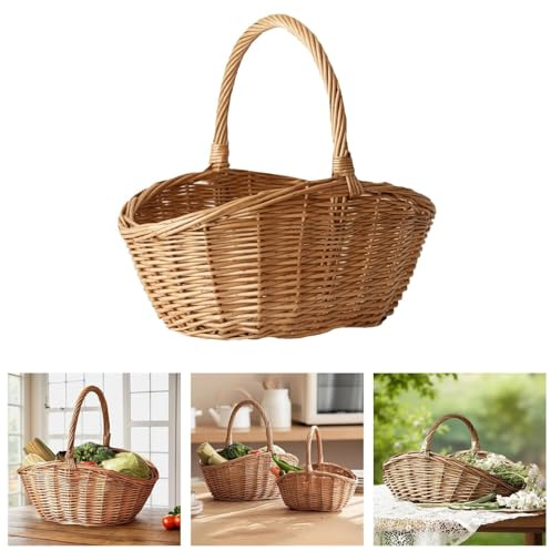Wicker Willow Cookery/Shopping BasketWicker Woven Basket with Handle, Portable Garden Harvest Basket， Storage Baskets for Picnic (1)