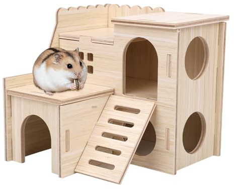Wooden Hamster Hideout House with Ladder, Double-Decker Hamster Maze Wood Hut Detachable Small Animal Cage Habitat for Dwarf Hamsters Gerbils Mice Rats (Not for Large Pets)