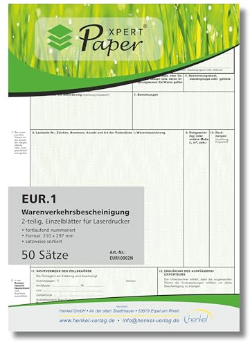PaperXpert EUR.1 / EUR1 - Certificado de circulación de mercancías (2 piezas, 50 unidades, para impresoras láser y de inyección de tinta, hojas individuales DIN A4 sueltas en cambio)