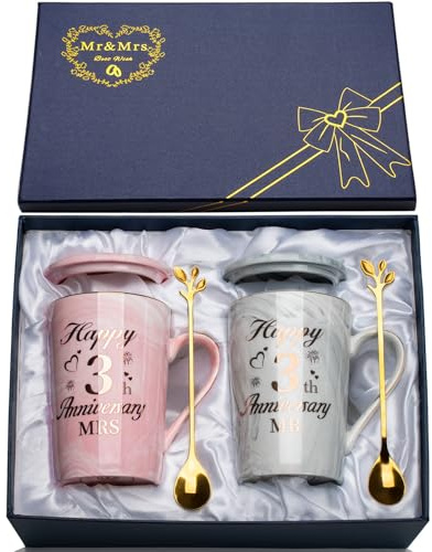 Regali per 3 Anniversario di Matrimonio, 3 Anni Matrimonio Regali 2PCS Tazza in Marmo Ceramica 400ml, Idee Regalo per Lui Fidanzato per Coppie, Regalo Fidanzato Anniversario con Biglietto, Confezione
