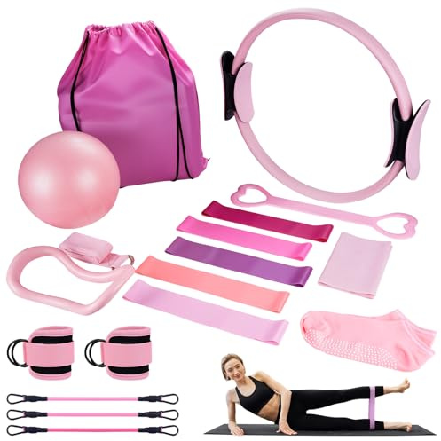 Jellybibo - Juego de 18 piezas de anillos de pilates, incl. anillo de pilates, bola de yoga, banda de fitness, anillo de tensión, anillo de masaje, compatible con equipos de fitness para gimnasio en