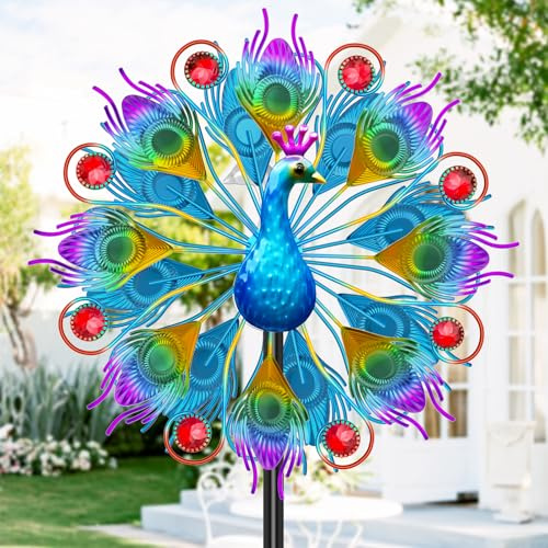 KHayRovies Metal Wind Spinners Outdoor for Garden Yard, 59 Kinetic Large Peacock Wind Spinner & Sculptures with Stable Metal Stake, Garden Windmill for Yard Lawn Patio Art Decor (Colorful)