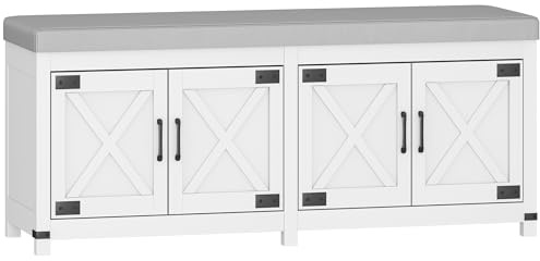 Hzuaneri Shoe Storage Bench with 4 Barn Doors and Padded Seat, White