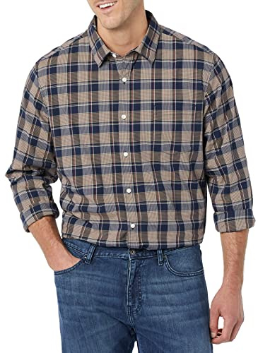 Amazon Essentials Camisa en Popelina Elástica de Manga Larga y Corte Regular Hombre, Dorado Azul Marino A Cuadros, XXL
