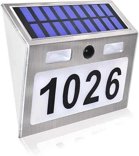Hausnummer Beleuchtet Solar, 7 LED Solarhausnummer mit Dämmerungsschalter, Solar LED Hausnummer Beleuchtete, Edelstahl Hausnummer Beleuchtet, IP44 Wasserdicht Außen mit Nummern 0-9 & Buchstaben A-H