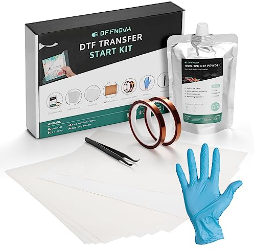 OFFNOVA All-in-1 DTF Starter Kit - 20 A4 Transfer Film Sheets, 250g White Hot Melt DTF Powder for Direct Fabric Sublimation