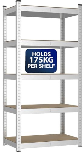 ZENO Garage Shelving - 5 Tier | Garage Shelving Unit | Heavy Duty Warehouse Racking Shelves | Metal Shelving Units | Industrial Racking | Holds 175KG Per Tier (Silver, Large)