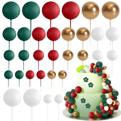 ASTARON 32 Pcs Foam Balls Cake Topper Decorations for Xmas Cake Decorating | Red Green Balls,Mini Balloons Cake Sticks,Cake Topper Balls, Christams Cake Decoration,Cup Cake Decor, Xmas Party Decoration