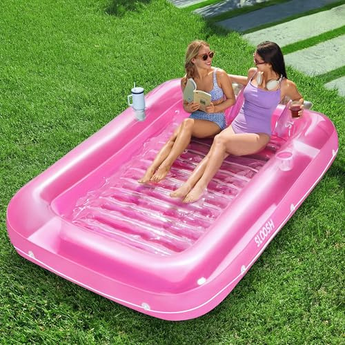 SLOOSH Inflatable Tanning Pool Lounger Float, 85 x 57 Extra Large Pool Floats Adult with Pillow, 4 in 1 Suntan Tub Raft Floatie,Sunbathing Bed Lounge for Water Blow Up Ball Pit Party Gifts, XL-Pink
