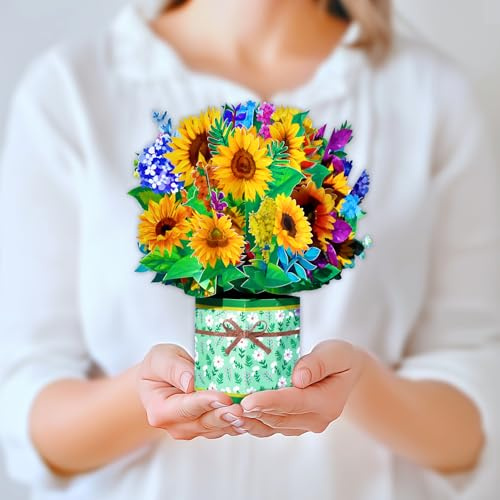 GREETING ART Sunflowers Pop Up Card, Mothers Day Cards Pop Up, 3D Pop Up Flower Bouquet Greeting Card for Birthday, Mother’s Day, Anniversary, Thinking of You, Thank You, Get Well Soon