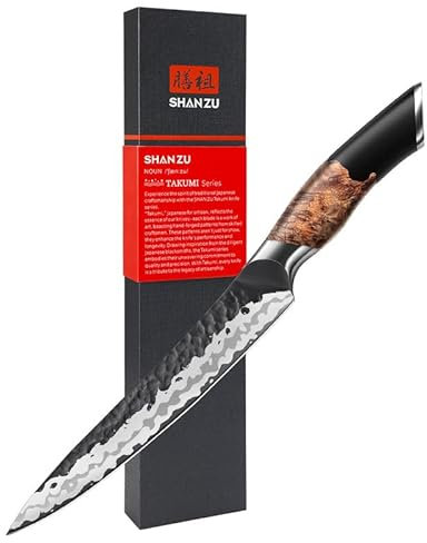 SHAN ZU Couteau Universel Japonais 15cm, 7 Couches de Couteau de Chef en Acier au Carbone de Haute Qualité, Couteau de Cuisine Multifonctionnel Ultra Tranchant avec Manche Ergonomique en Bois d'érable