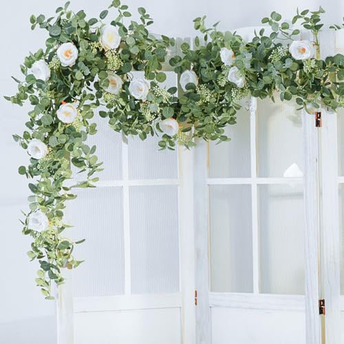 CECOMBINE 2PCS Artificial Eucalyptus Garland Vines with White Rose 12FT Hanging Camellia Flower Garland Artificial Plants Faux Gypsophila Vine for Wedding Party Table Runner Decoration