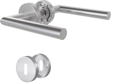 DIYGEEK Maniglie Porte Interne con Serratura a Maniglia - Set Completo Acciaio Inox con Punta colorata Rosetta Ø52 mm BB, Forma di L, Argento Finitura Spazzolata