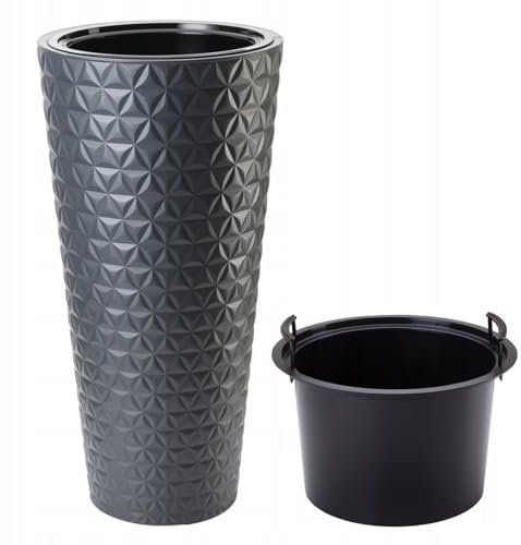B2C Round Tall Plant Pot Elegant Large Flower Indoor Outdoor Garden Planters 3D Diamond Texture Plastic Lightweight Modern Patio Home Decoration With Insert (Anthracite, H79cm x D 40cm)