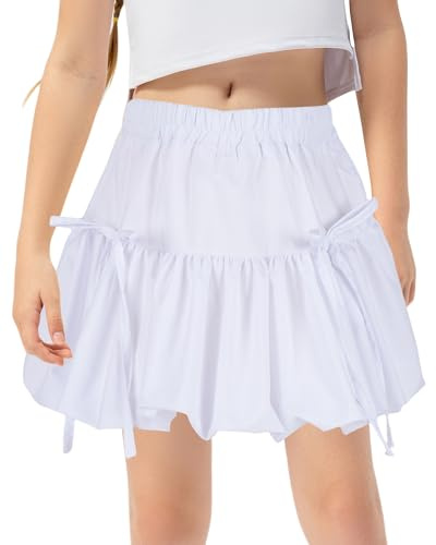 SEAUR Bubble Skirt for Girls Elastic Waist A Line Short Skirts Ruffled Mini Skirts Cute Clothes White 9-10 Years