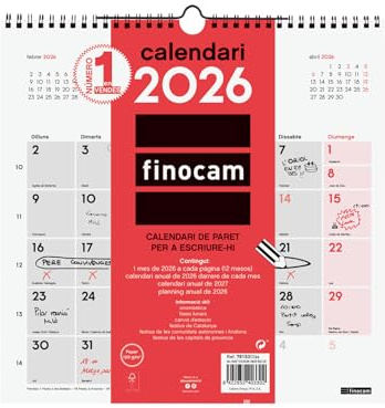Finocam - Väggkalender 2026 månadsvy januari - december (12 månader) | Anteckningskalender 2026 | Månadsplanerare Neutro Catalan