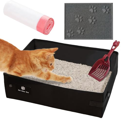 PRITOK Foldable Portable Litter Box: Portable Travel Cat Litter Box with Scoop, Large Litter Trays for Cats with Bags and Litter Mat, for Kittens, Pets, Waterproof, Outdoor Travel with Pets
