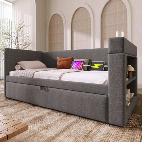 Merax 3ft Daybed Single/Double Upholstered bed Sofa Bed 90/180x190 cm with Pull-Out Trundle,USB-C Charging Station,Cup Holders & Linen Fabric - for Living Room,Guest Room & Bedroom,Grey(No Mattress)