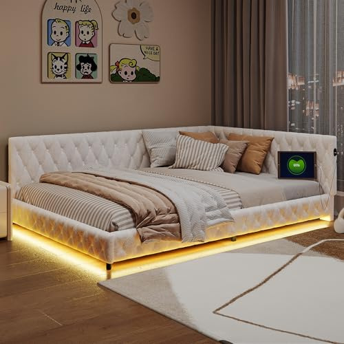 Lodera Canapé-Lit 140x200 cm avec Cadre en Velours, Lit Double avec LED et Port USB, Sommier à Lattes Inclus (sans Matelas) (Beige)